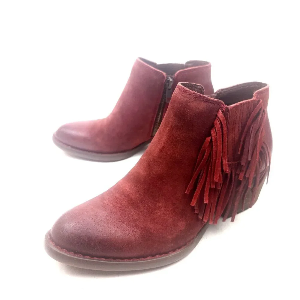 Born Danni Red Suede Leather Distressed Fringe Ankle Boots Womens 6.5 M Heel - Picture 5 of 10